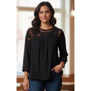 VANESSA VIRGINIA Anthro Black Sheer Tunic Blouse w/Lace Applique 3/4 Sleeves 2
